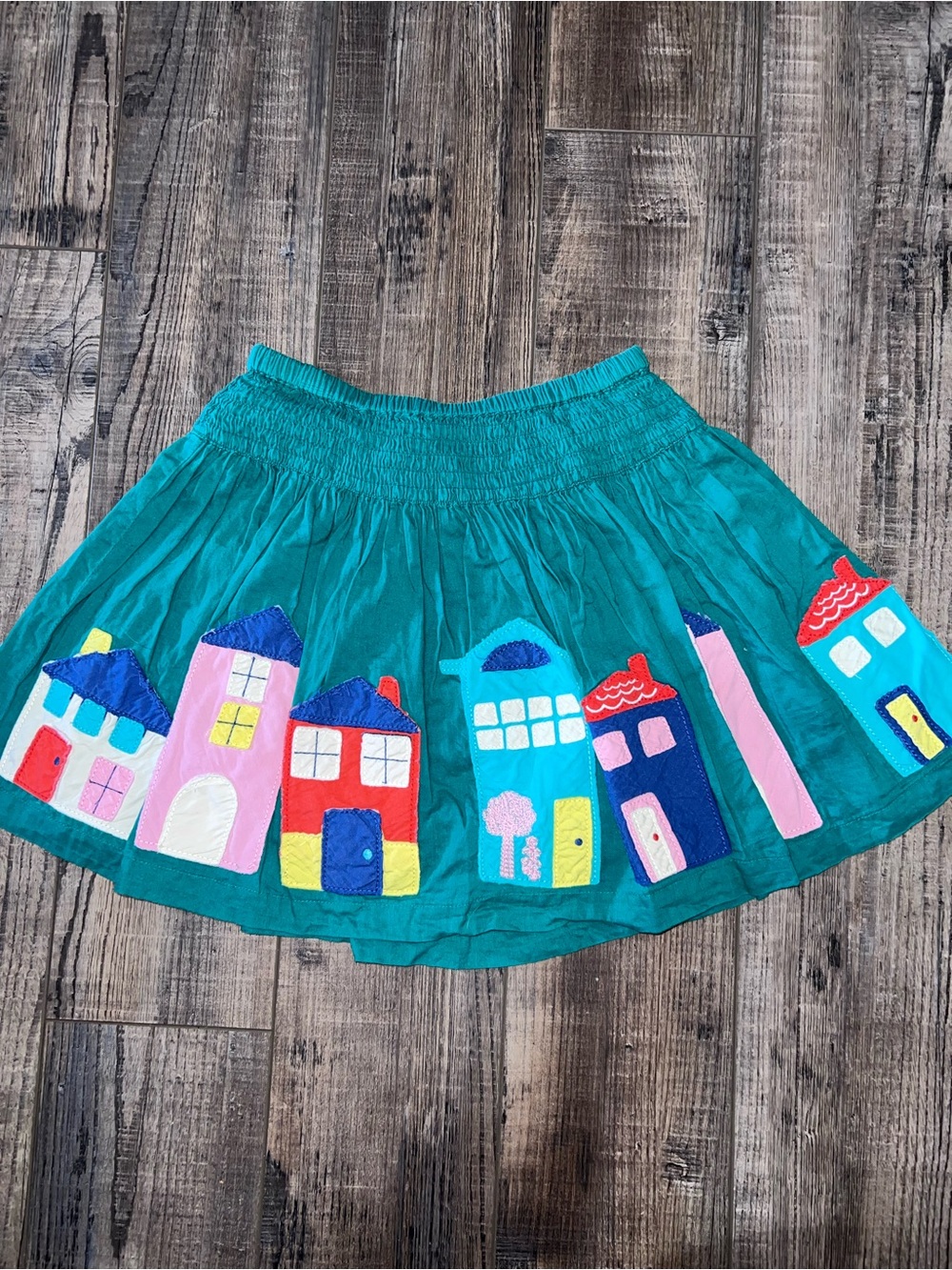 Mini Boden Green Skirt with Colorful House Appliqués